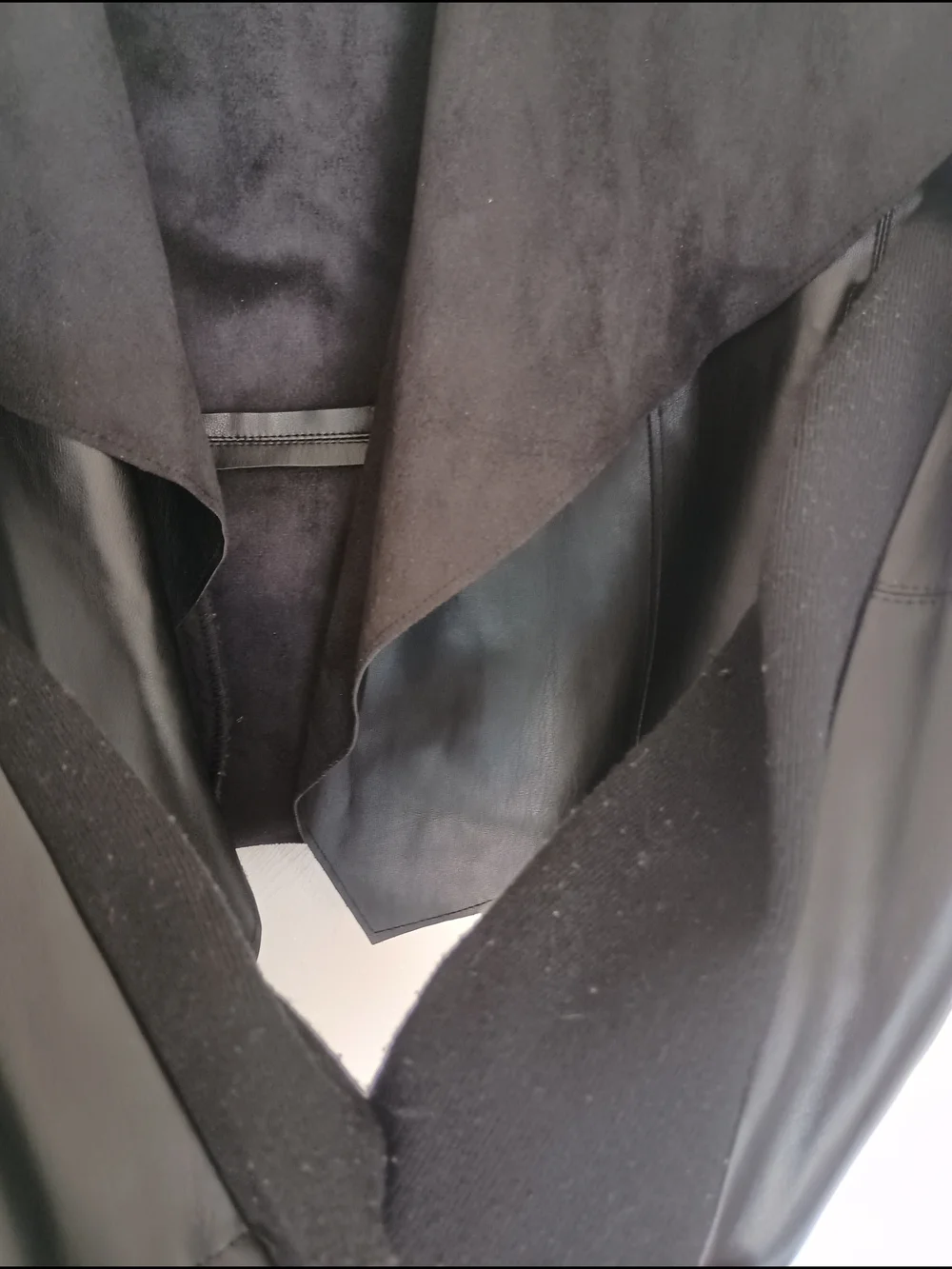 bagatelle Black Faux Leather Draped Jacket with Suede Shawl Collar